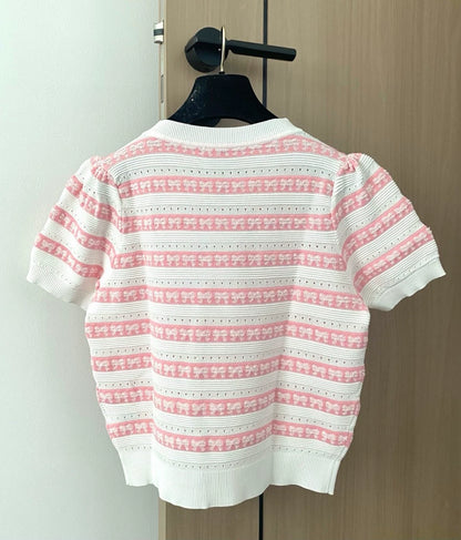 C 25 new striped bow round neck short sleeve knit