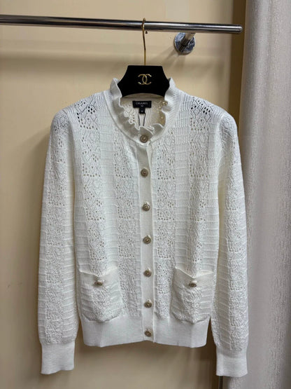 C 2025 Summer New Hollow Pocket Single-Breasted Ruffled Stand Collar Long-Sleeved Knitted Cardigan