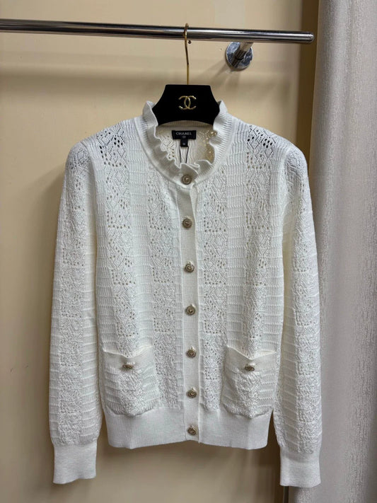 C 2025 Summer New Hollow Pocket Single-Breasted Ruffled Stand Collar Long-Sleeved Knitted Cardigan