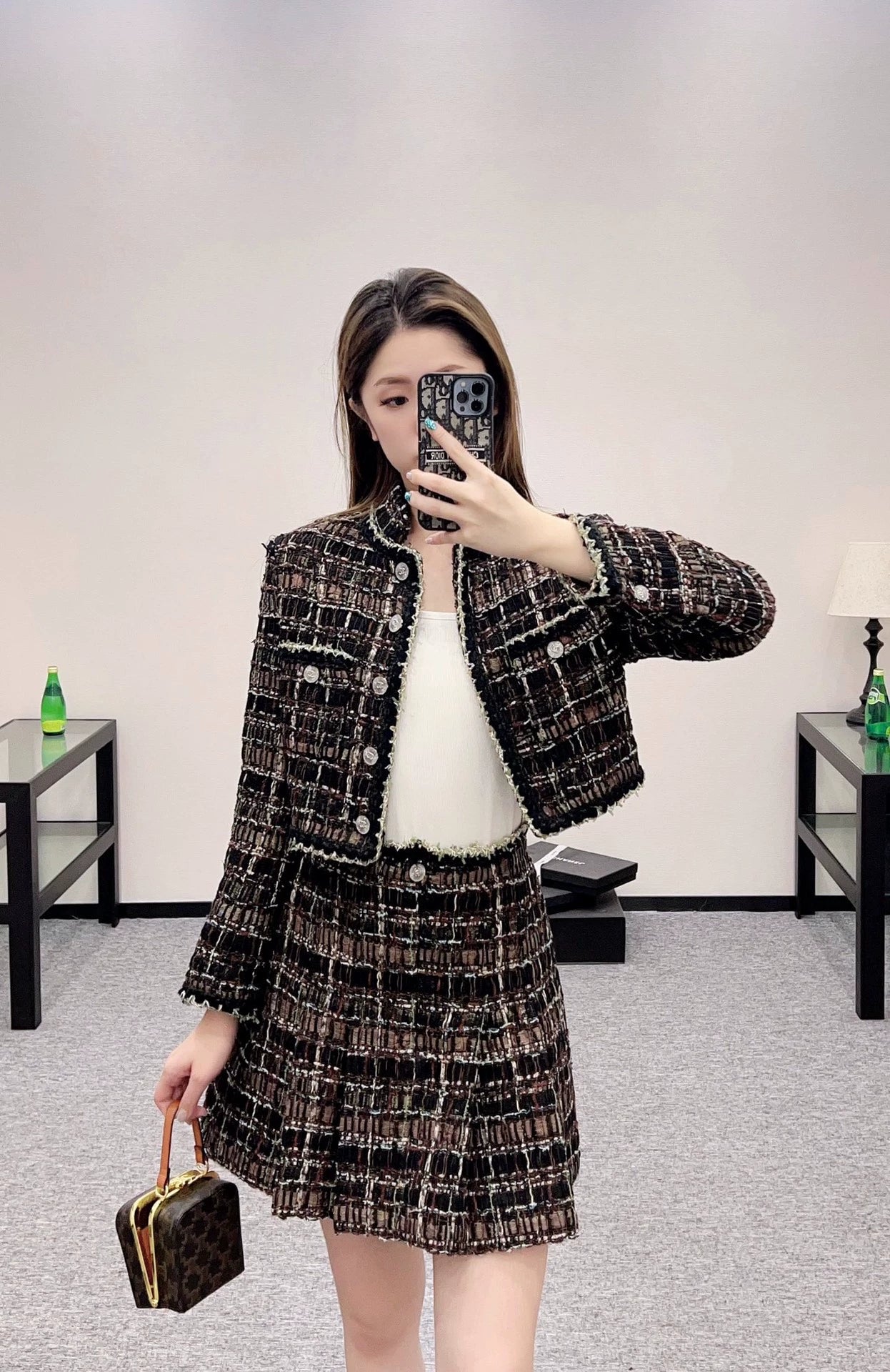 C 25 Plaid woven tweed jacket and skirt set