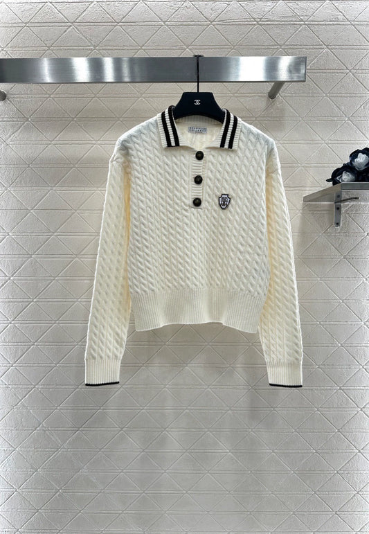 Bru 25 Crochet striped lapel knitted top