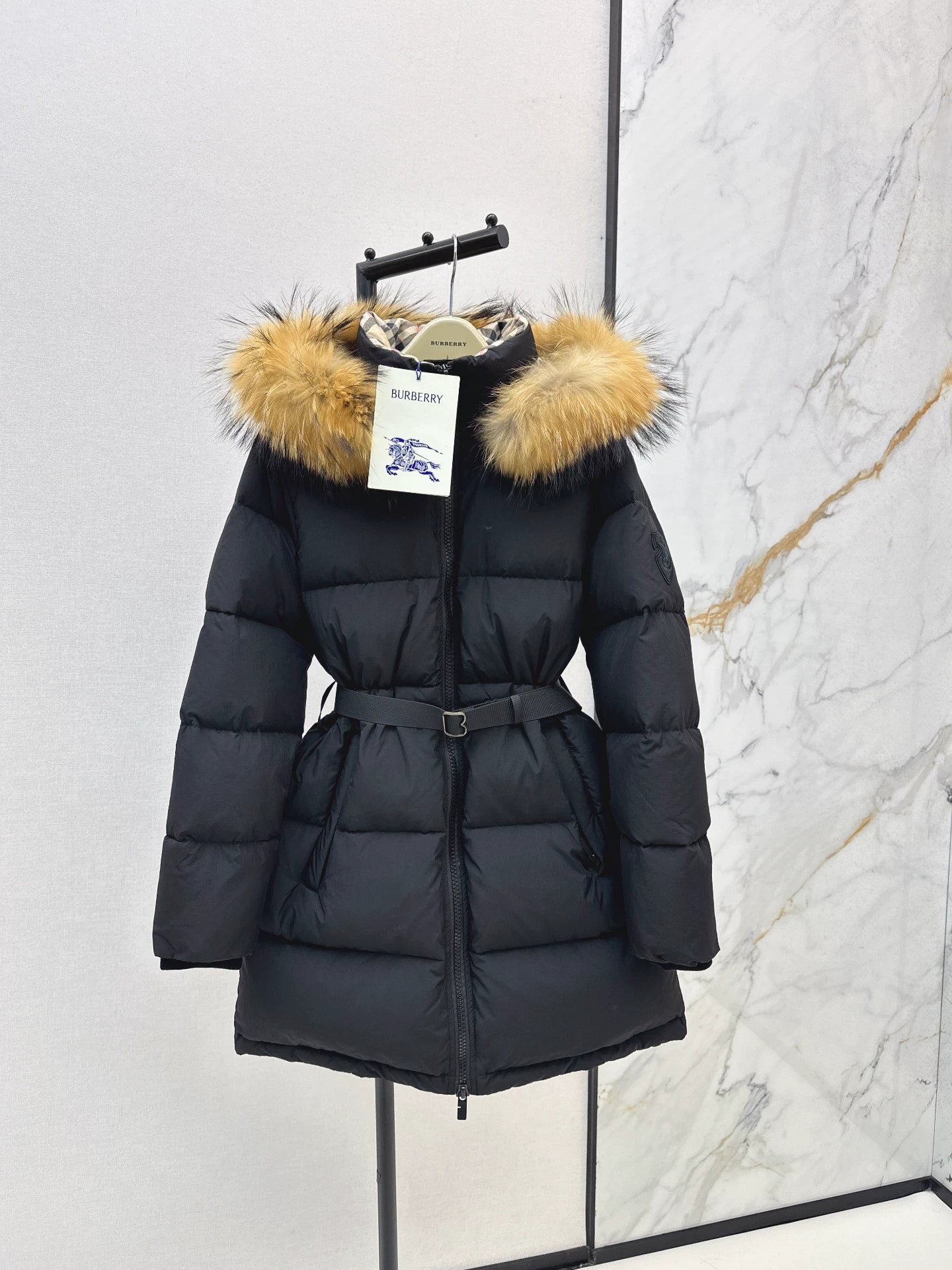 Bru 25 Waist waistband long down jacket ，raccoon fur collar(BLACK/WHITE/KHAKI)