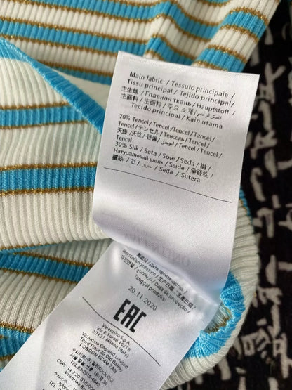 V 25 Nouveau haut en tricot à manches courtes et col rond avec boutons métalliques et rayures (bleu marine, bleu) 