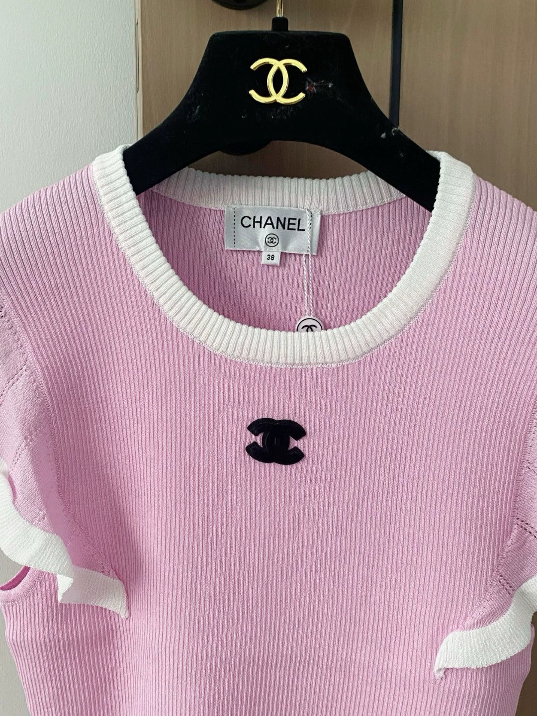 C 25 New Color Stripe Crew Neck Ruffle Sleeve Knitting(PINK NAVY YELLOW)