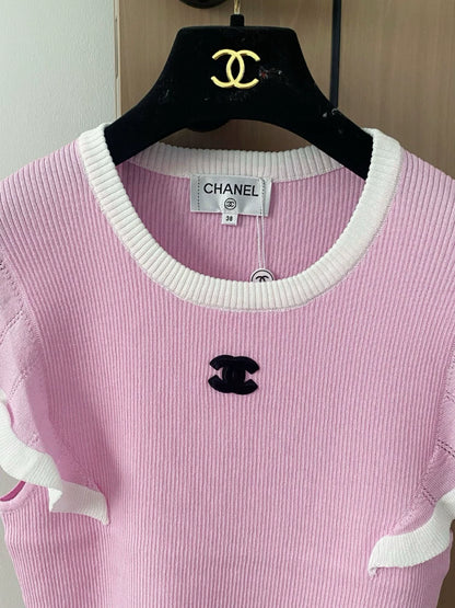 C 25 New Color Stripe Crew Neck Ruffle Sleeve Knitting(PINK NAVY YELLOW)