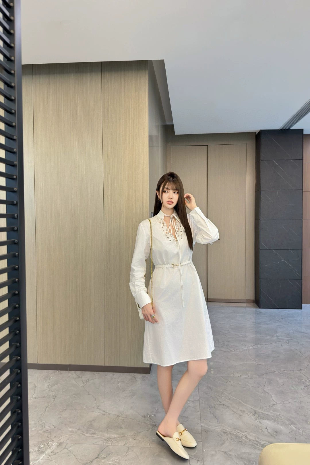 G 25 new lace belt belt long-sleeved shirt dress