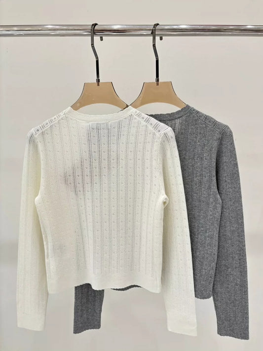 M 25 Summer new round neck letter logo hollow casual knitted long sleeves