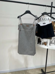 m 25 Summer new black and white checkered leather letter suspender skirt