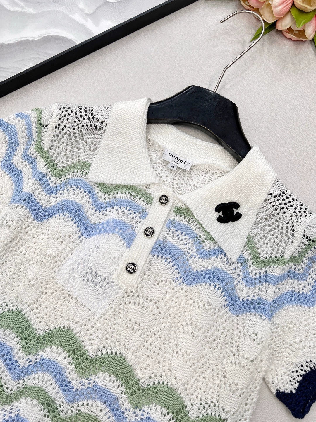 C 25 Summer new lapel stripes hollow letter logo three-dimensional knitted short sleeves
