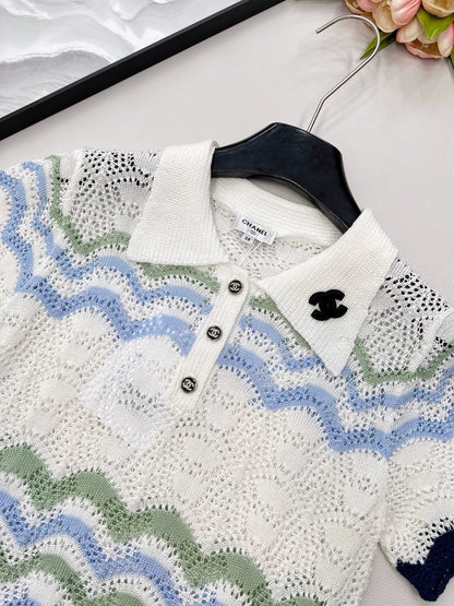 C 25 Summer new lapel stripes hollow letter logo three-dimensional knitted short sleeves