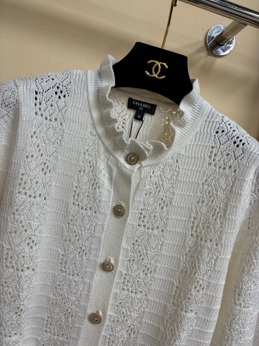 C 2025 Summer New Hollow Pocket Single-Breasted Ruffled Stand Collar Long-Sleeved Knitted Cardigan
