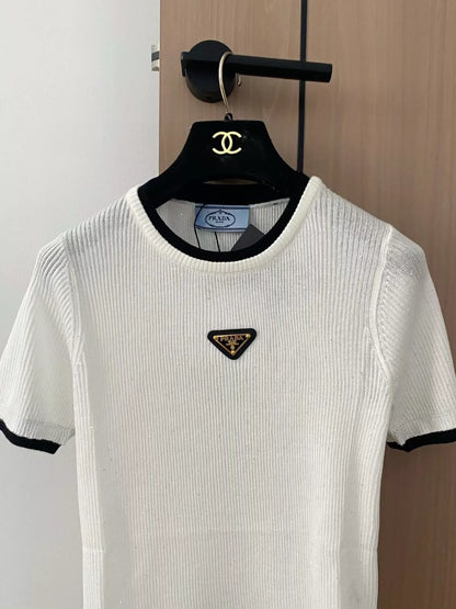 P 25 New Color Block Triangle Label Crew Neck Short Sleeve Knit Top