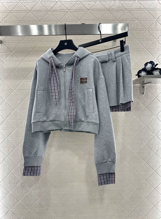 Mi 25 Plaid patchwork hooded jacket and skirt suit