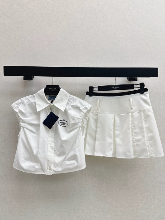 P 25 New Pleated bud sleeve blouse + pleated half skirt set