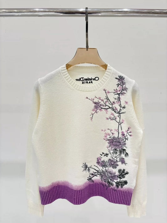 D 25 Early Autumn New Round Neck Peony Embroidery Knitted Top