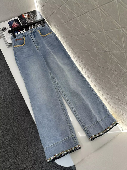 V 25 Floral Beaded Lapel Denim Pants