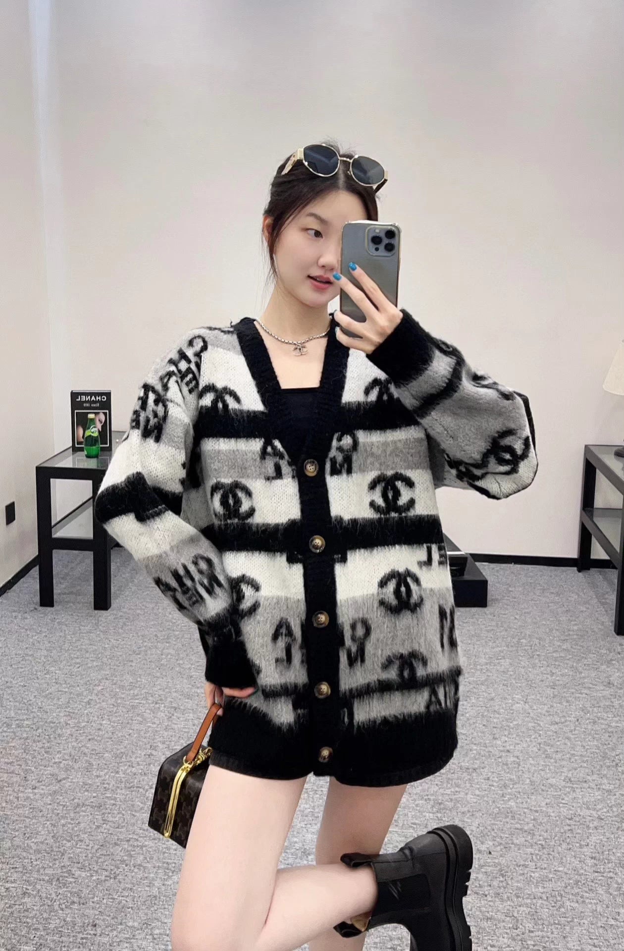 C 25 Letter jacquard V-neck knitted wool and cashmere cardigan
