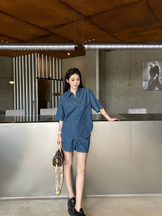 v 25 new metal buckle pocket lapel short sleeve top shorts denim suit