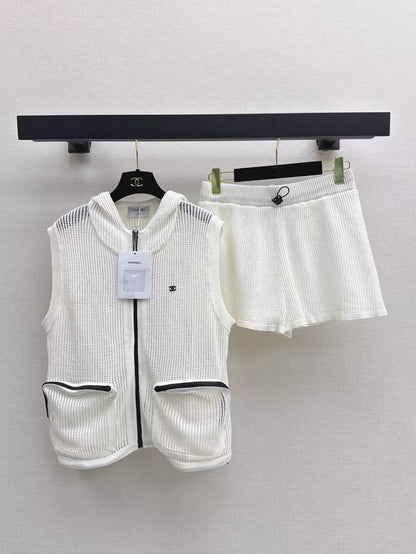 C 25 Early Spring Latest Knit Sets Cutout Hooded Vest + Shorts