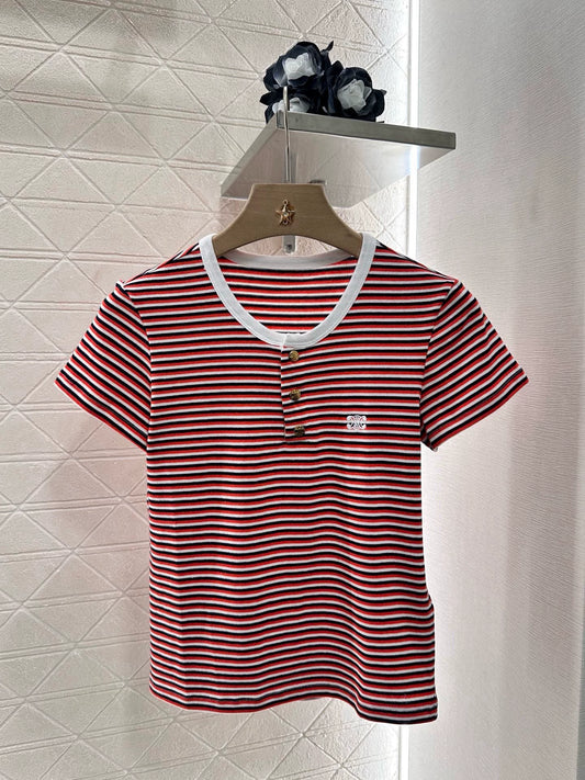 CE 25 Spring and Summer New Half-open Striped Short-sleeved T-shirt