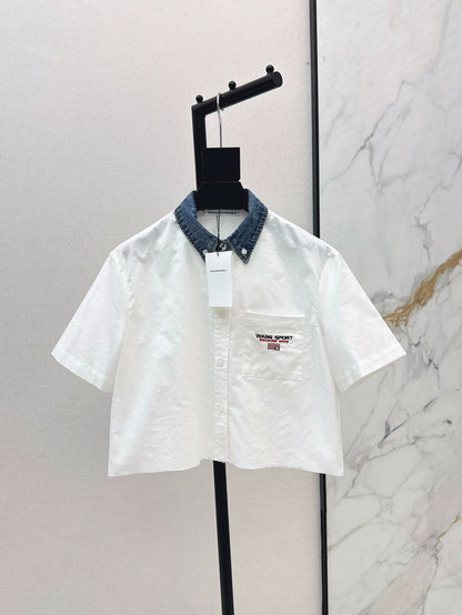 A 25 spring and summer newest style denim patchwork small short shirt