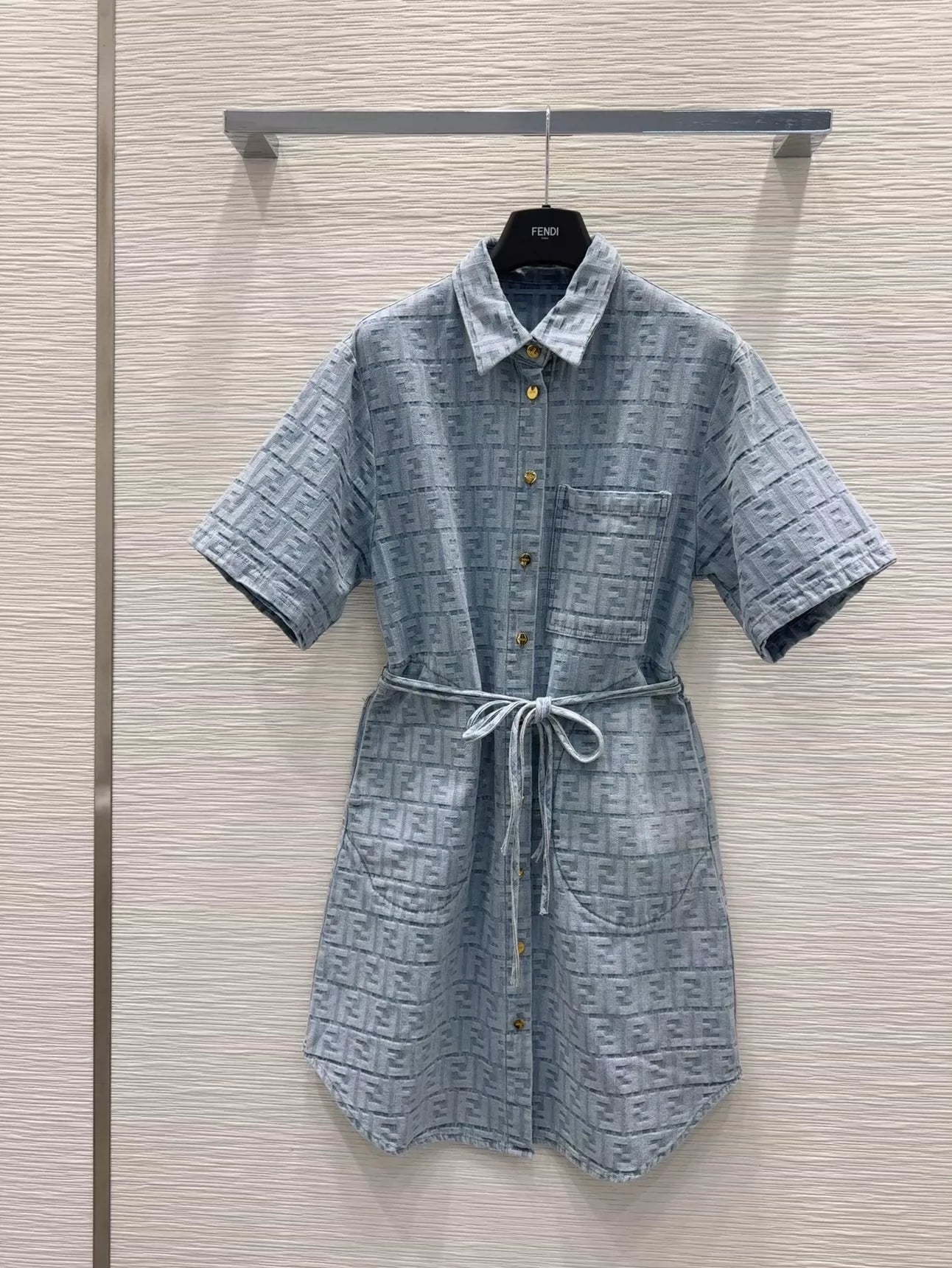 F 25 New Letter Jacquard Pocket Tie Dress Short Sleeve