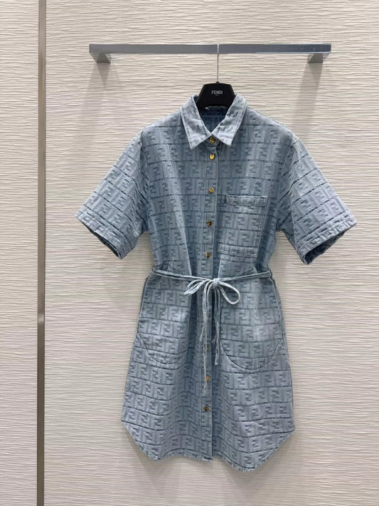 F 25 New Letter Jacquard Pocket Tie Dress Short Sleeve