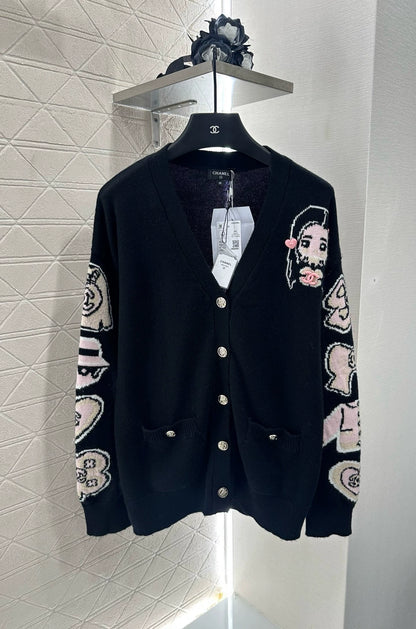 C 25 Early Autumn New Comic Pattern V-Neck Long Sleeve Cardigan