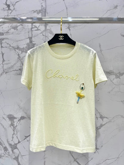 C 25 New Handmade Beaded Dance Cotton Round Neck Short Sleeve T-Shirt