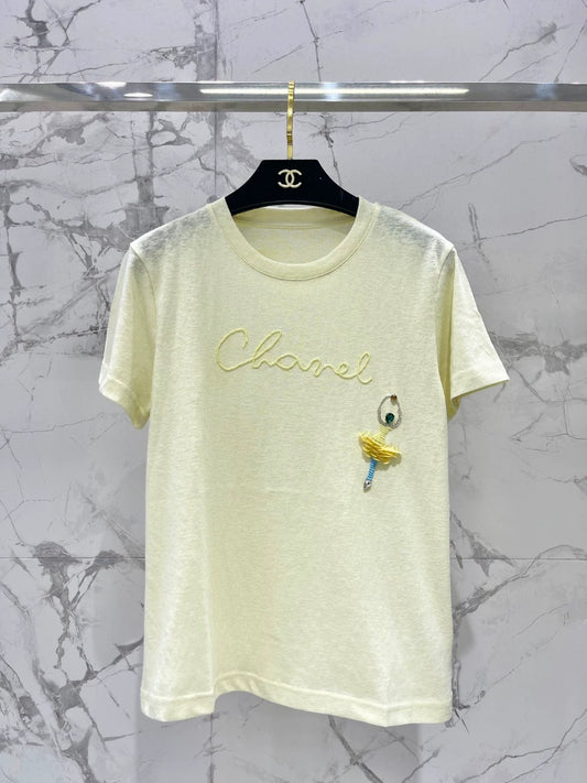 C 25 New Handmade Beaded Dance Cotton Round Neck Short Sleeve T-Shirt
