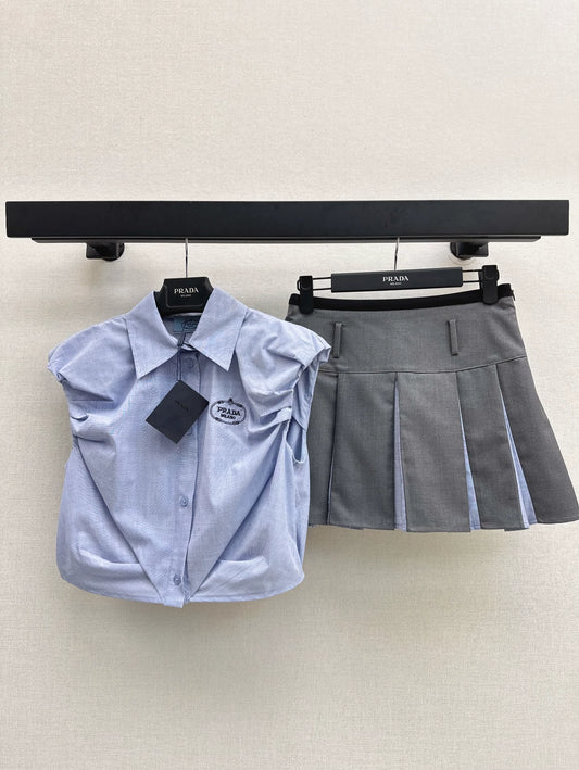 P 25 New Pleated bud sleeve blouse + pleated half skirt set