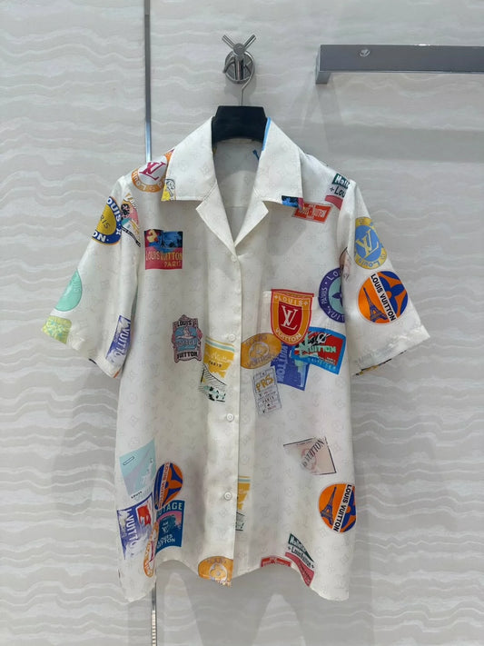 L 25 New Poster Badge Print Printed Silk Short Sleeve Shirt!