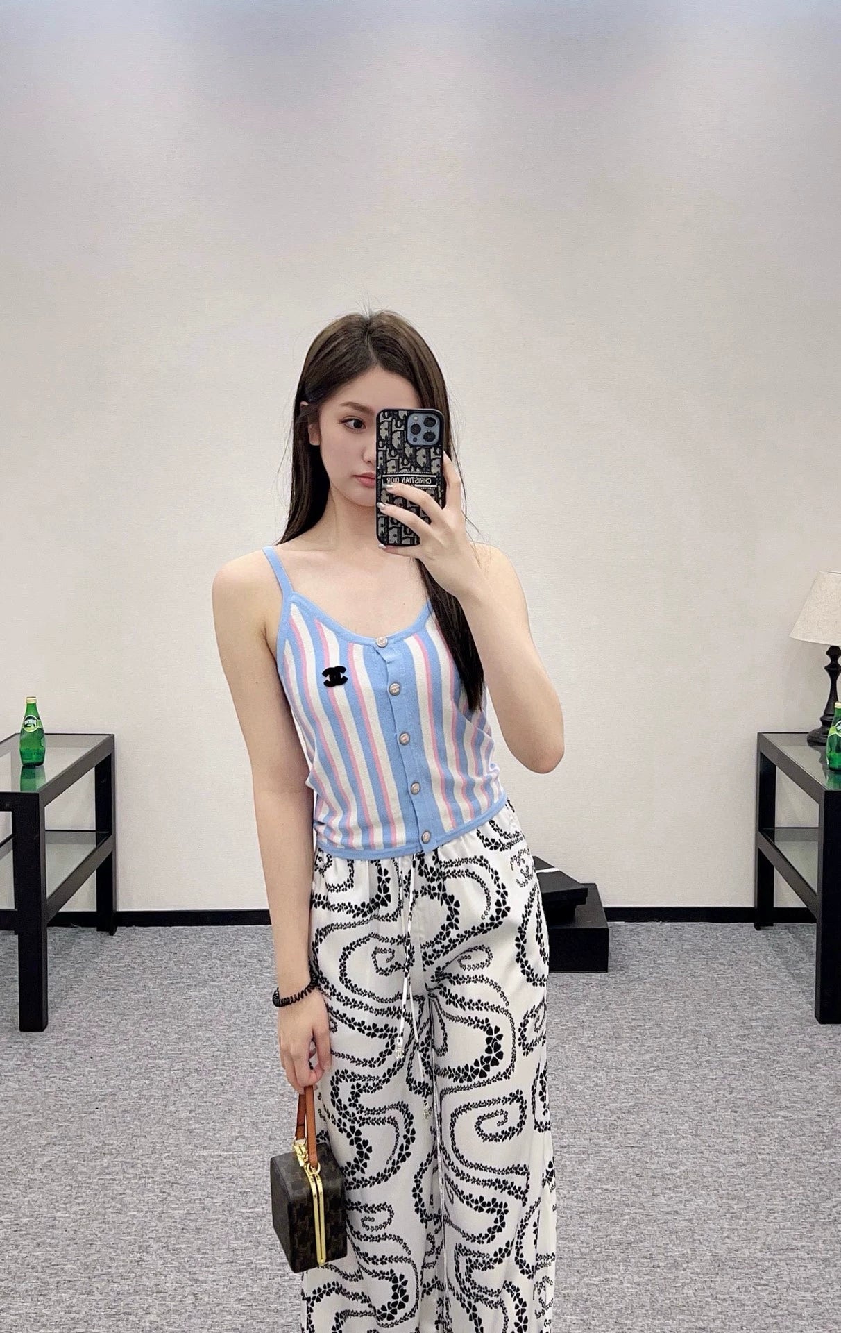 C 25 Spring/Summer New Pink BLUE Striped Knit Cardigan Camisole Vest