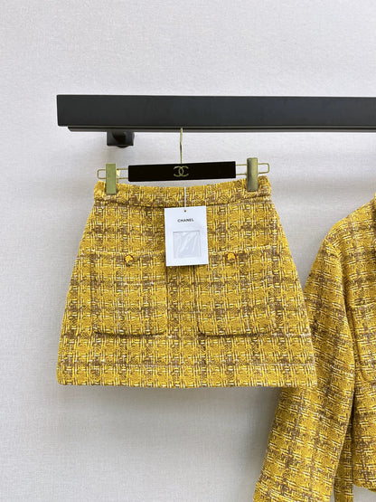 C 25 Camellia Decorated Braided Jacket + A-Line Skirt Set