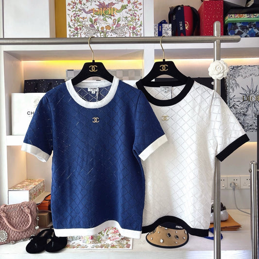 C 25 New Hollow Checkered Knit Short Sleeve