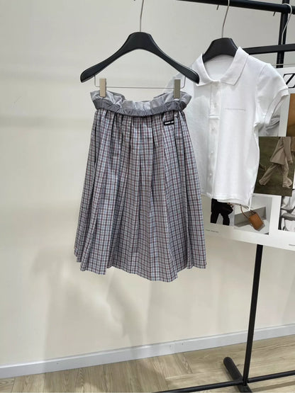 M 25 Summer new style mesh outer-turned dark red fine check mid-length skirt