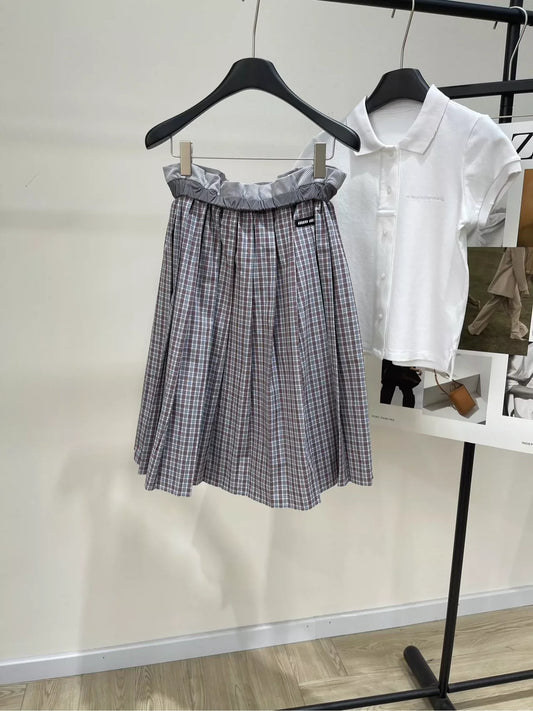M 25 Summer new style mesh outer-turned dark red fine check mid-length skirt