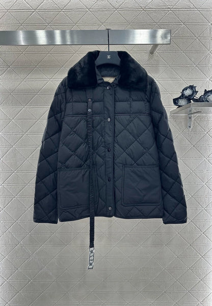 Mon 25 Down jacket with detachable belt and lapel.