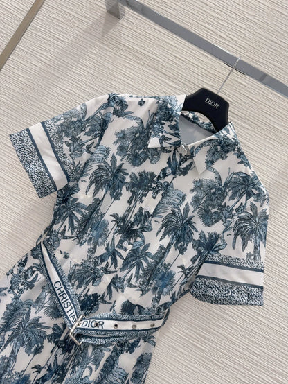 D 25 New Leaf Print Belted Short Sleeve Dresses