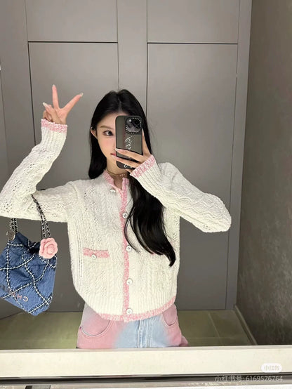 C 24 spring and summer new hollowed out logo buttons knit cardigan