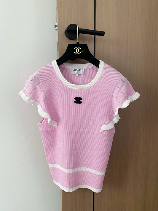 C 25 New Color Stripe Crew Neck Ruffle Sleeve Knitting(PINK NAVY YELLOW)