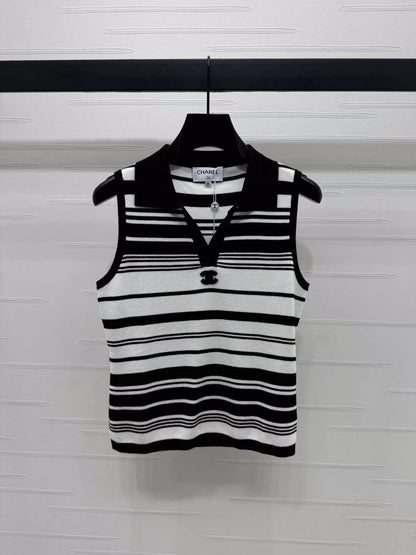 C 25 New Spring/Summer V-neck Embroidered Striped Knit Top Vest