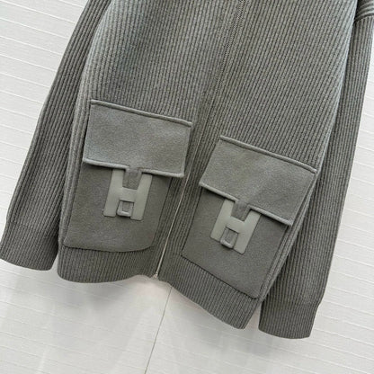 He 25 Mid-length cashmere knitted zip-up jacket(100% cashmere BROWN/GRAY)