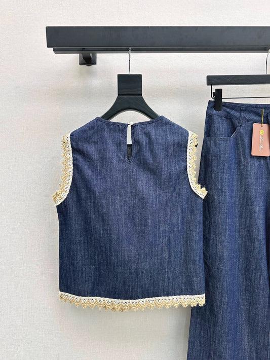 LO 25 Denim Sleeveless Vest + Straight Leg Pants Set