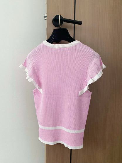 C 25 New Color Stripe Crew Neck Ruffle Sleeve Knitting(PINK NAVY YELLOW)