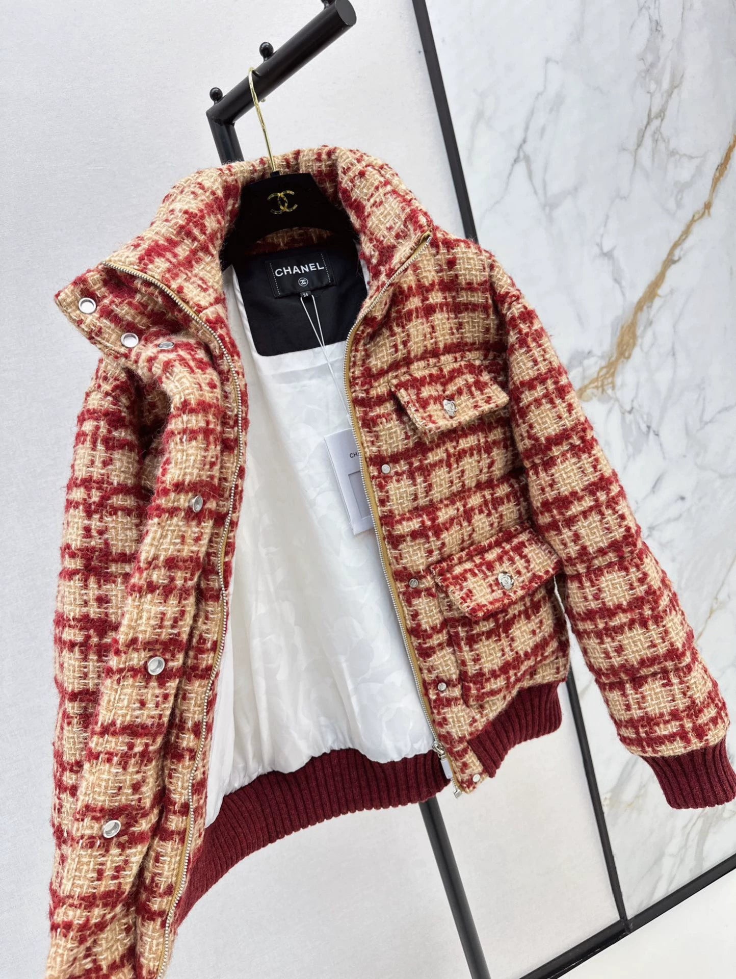 C 25 New fall/winter ski tweed plaid stand-collar down jacket