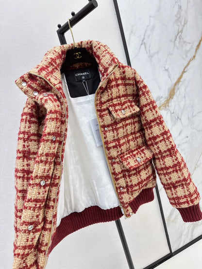 C 25 New fall/winter ski tweed plaid stand-collar down jacket