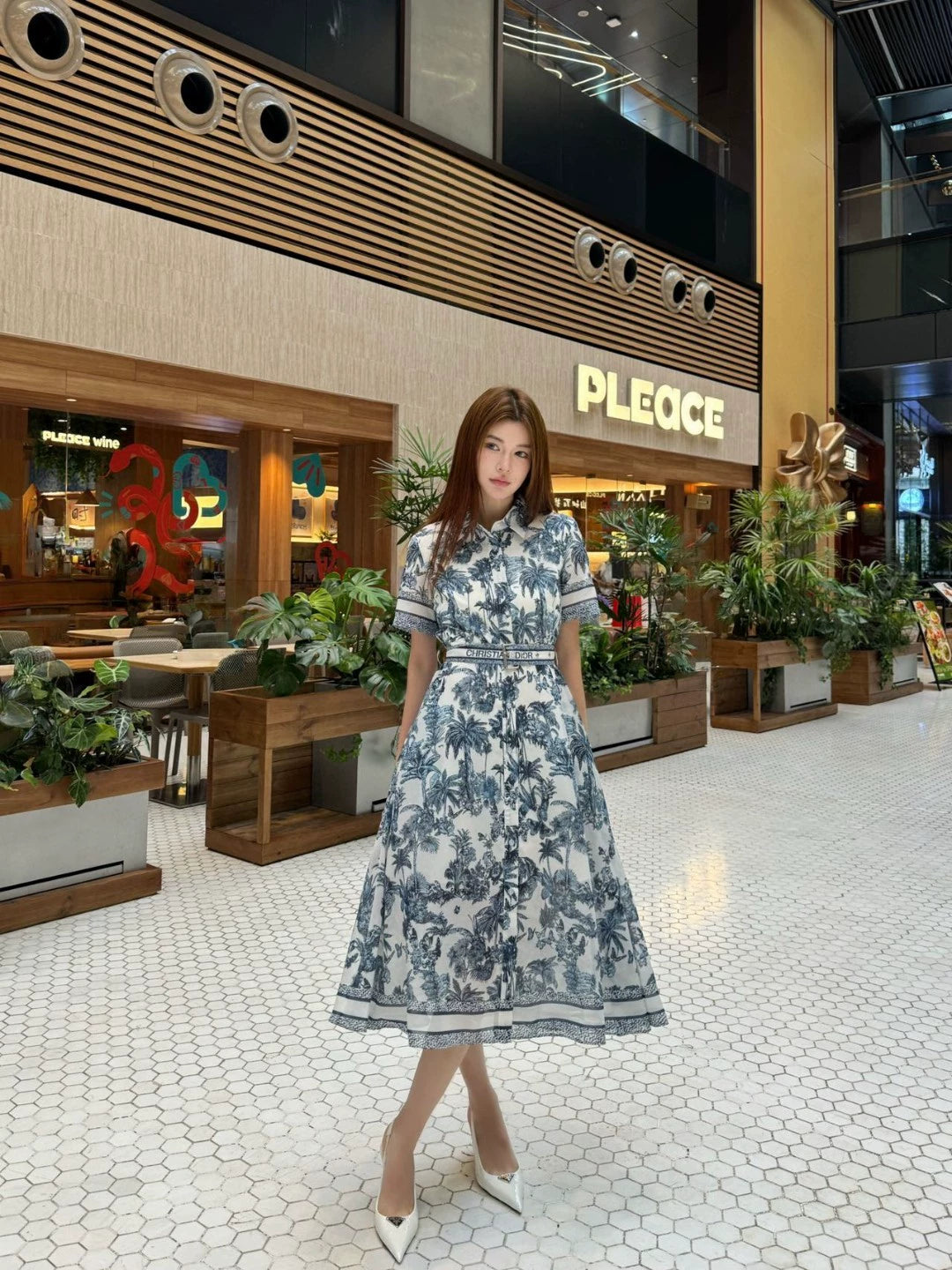 D 25 New Leaf Print Belted Short Sleeve Dresses
