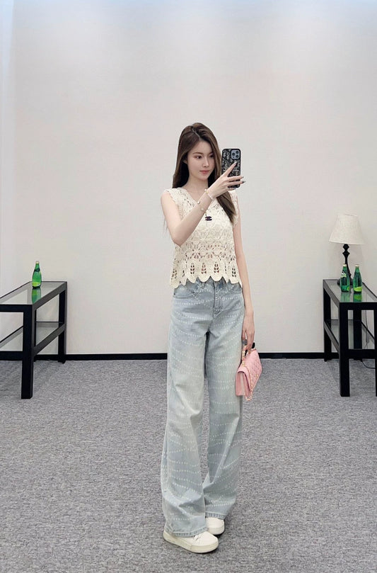 C 25 New Cutout Wave Lace Knit Tank Top