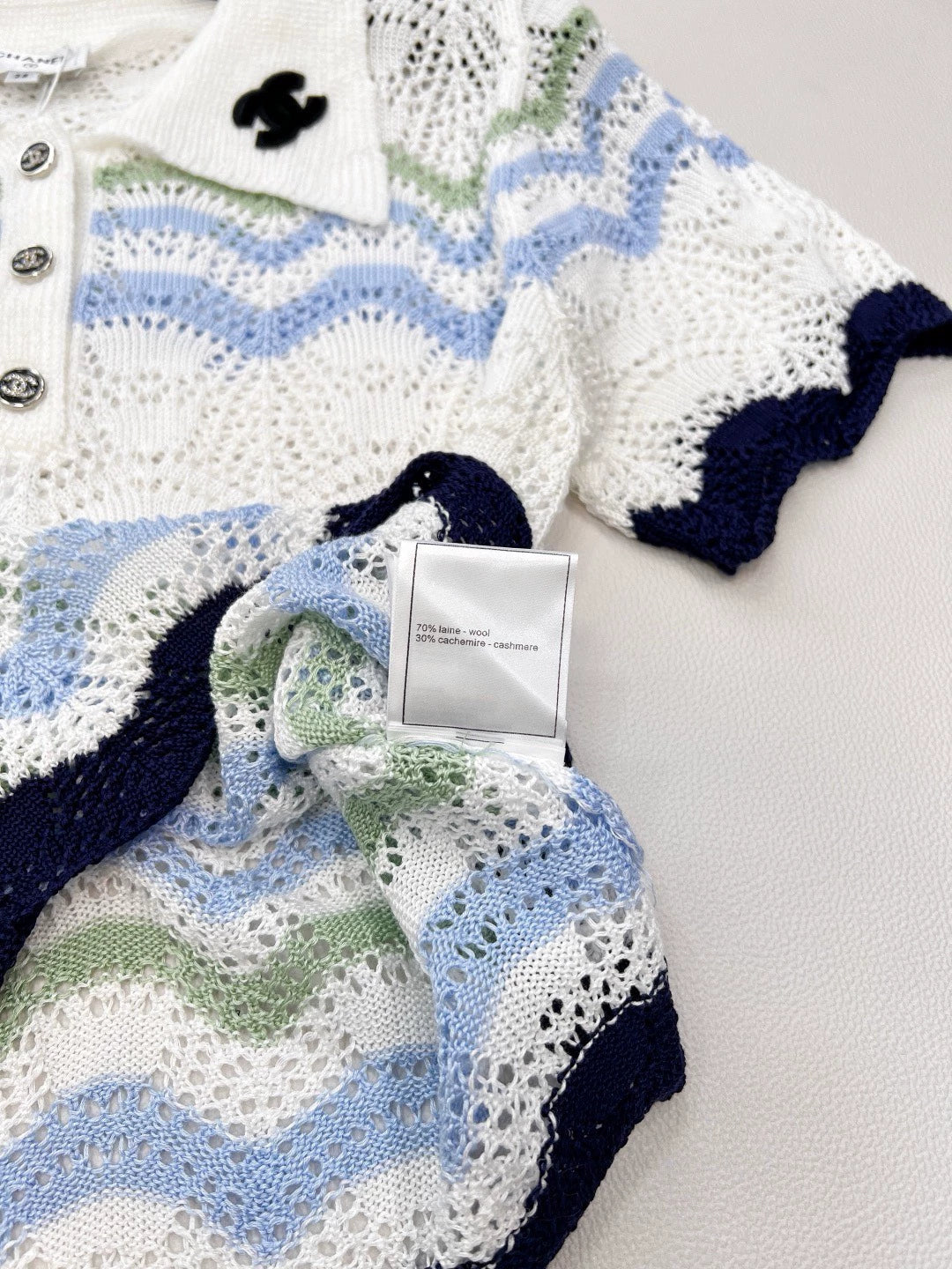 C 25 Summer new lapel stripes hollow letter logo three-dimensional knitted short sleeves